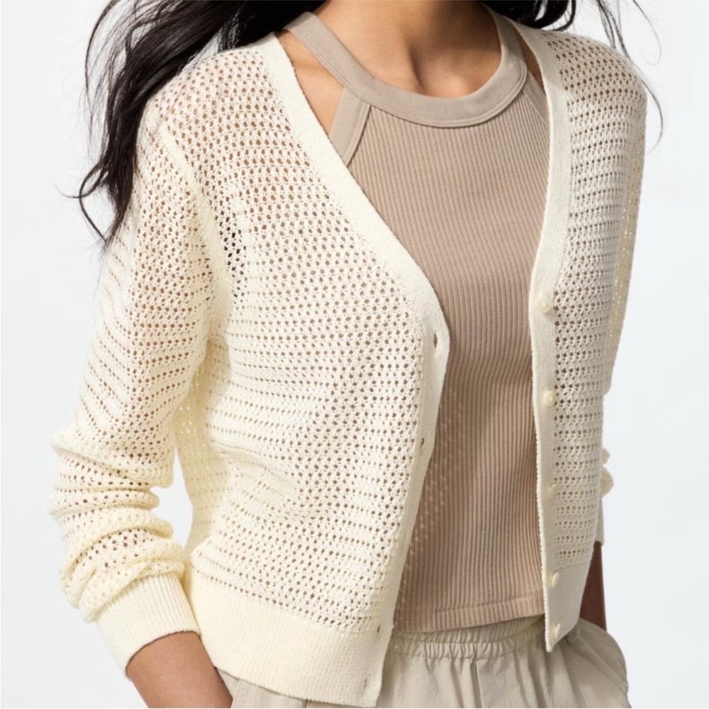 Uniqlo Cream Linen Blend Crochet-Style Open Knit Cardigan Sweater